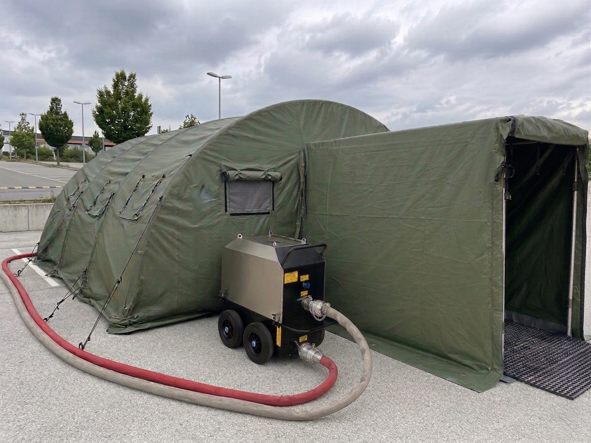 Dekontaminationsgerät von CLENA vor Militärzelt CLENA decontamination unit in front of a military tent
